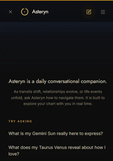 The Asteryn guide chat, introducing itself above a list of questions to try